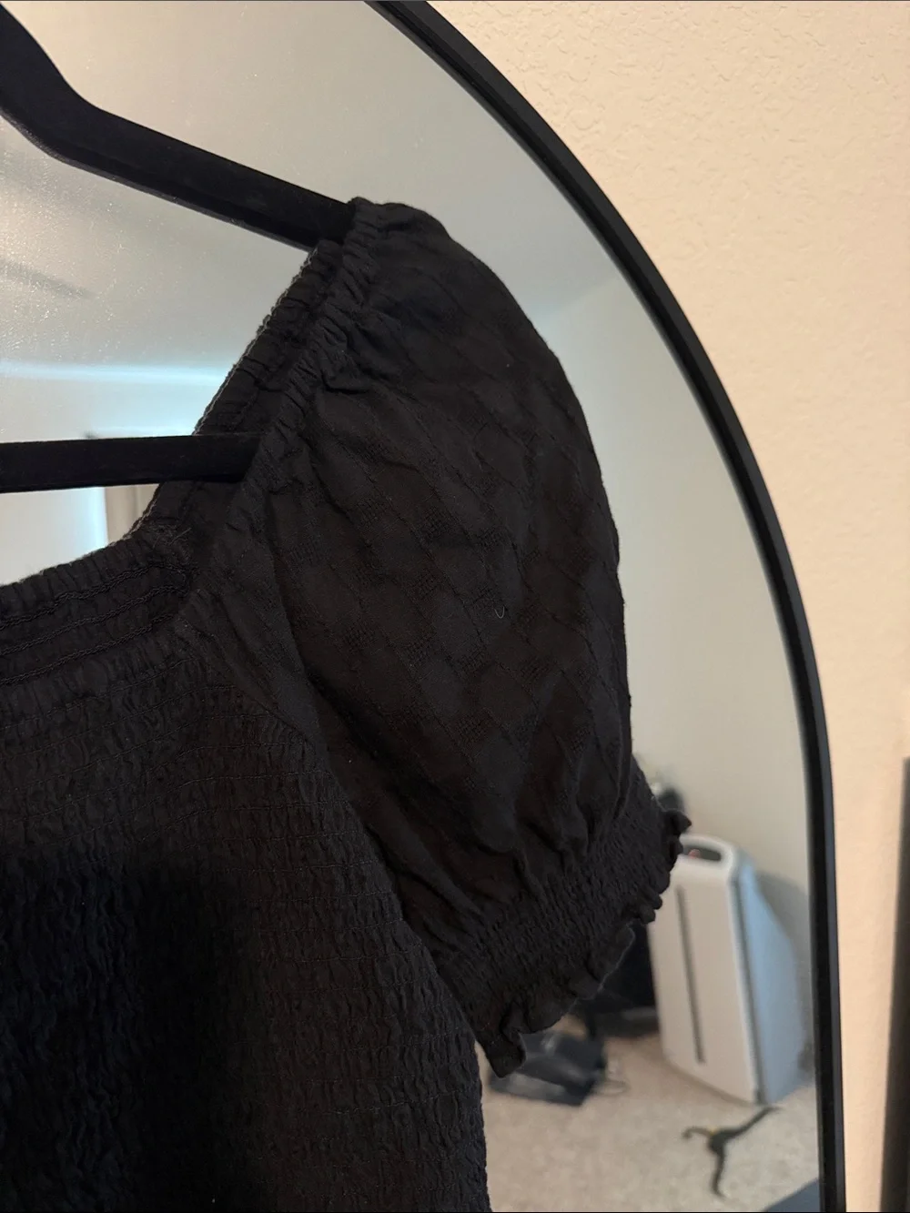 Madewell Black Puff-Sleeve Smocked Square-Neck Blouse